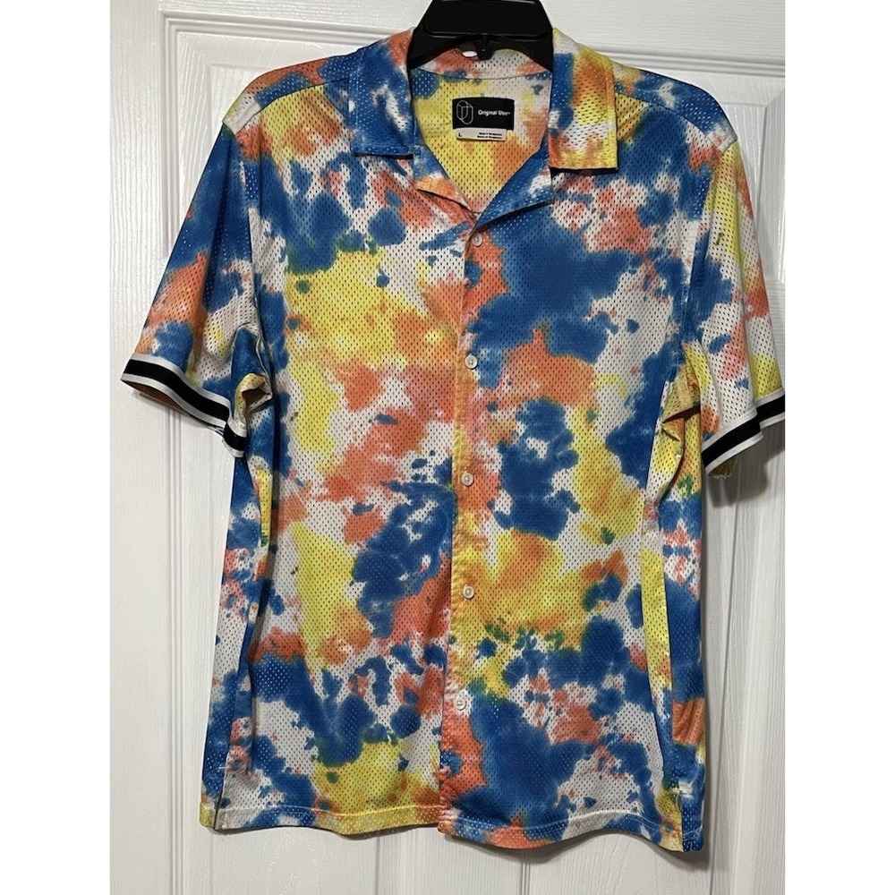 Original Use Men's Short Sleeve Button Down‎ Shirt Tie Dye Size Large Beach